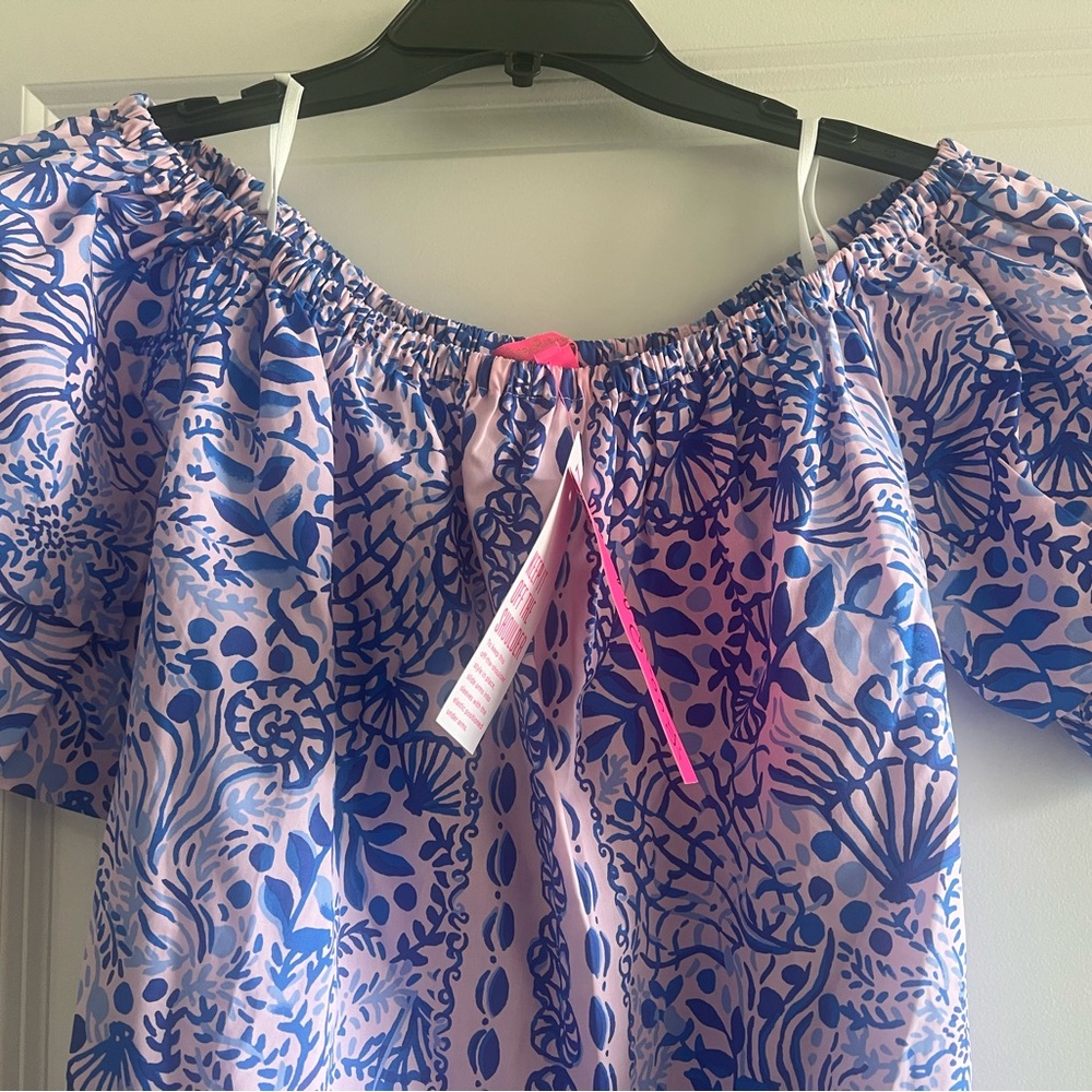 Lilly Pulitzer Blue and White Puff Sleeve Smocked Blouse